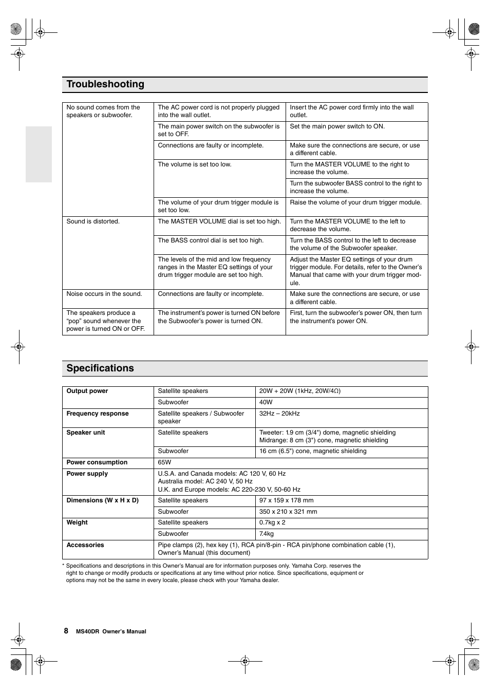 Troubleshooting, Specifications | Yamaha MS40DR  EN User Manual | Page 8 / 8