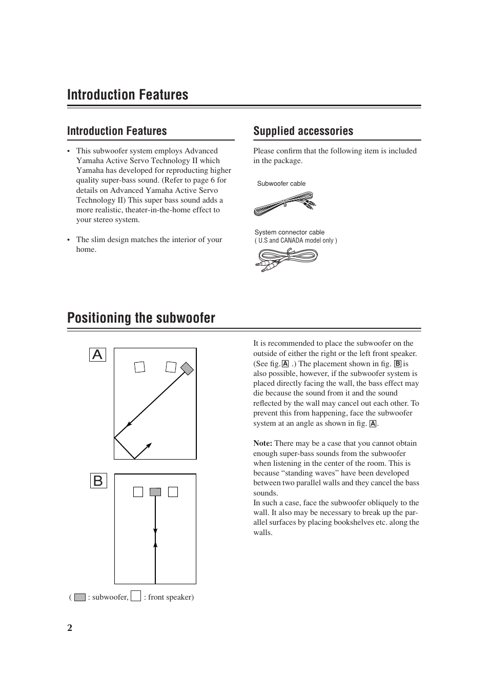 Introduction features, Supplied accessories, Positioning the subwoofer | Yamaha YST-FSW100 User Manual | Page 6 / 13