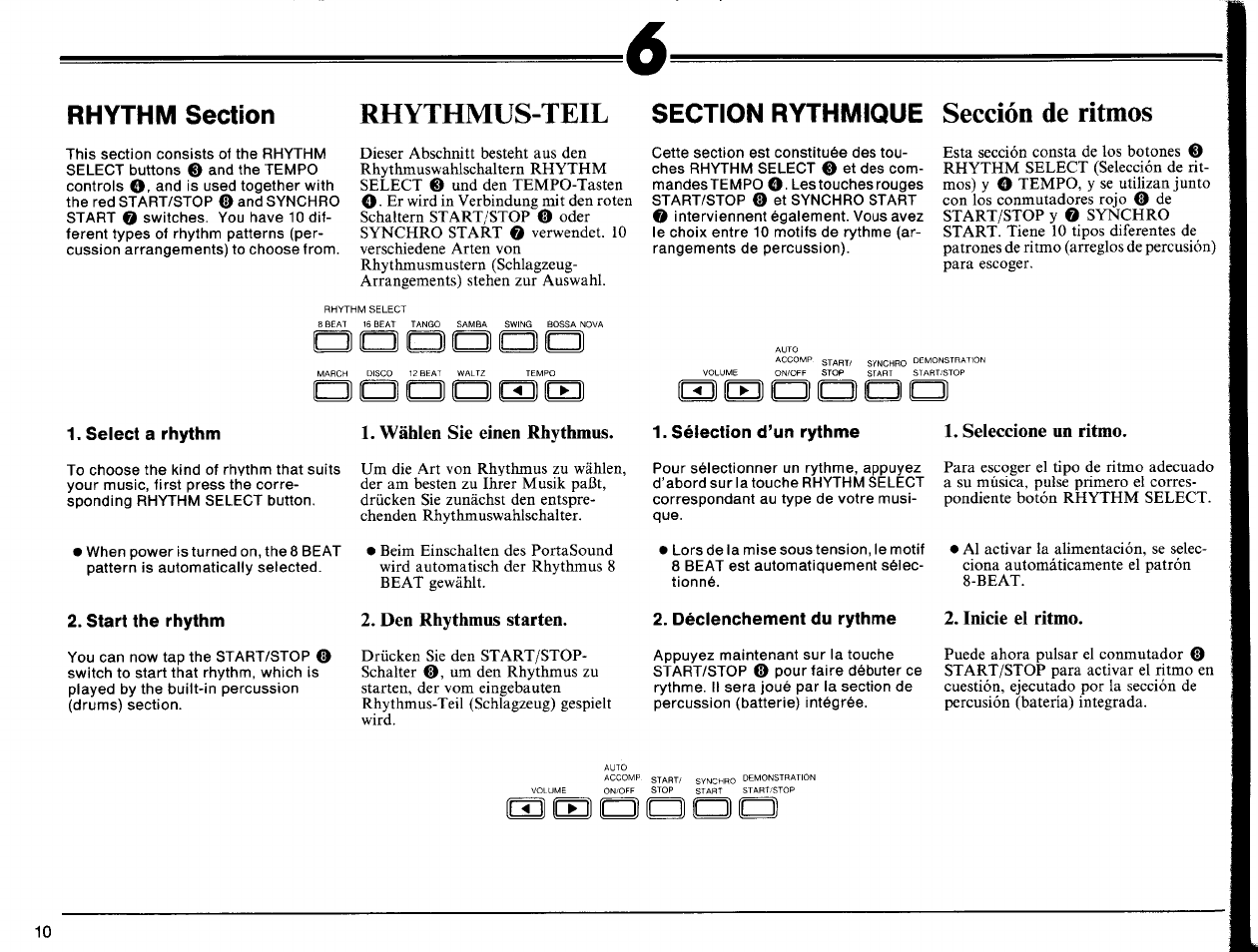 Rhythmus-teil section rythmique sección de ritmos, Select a rhythm, Seleccione un ritmo | Start the rhythm, Den rhythmus starten, Déclenchement du rythme, Inicie el ritmo, Aooaao, Rhythmus-teil, Sección de ritmos | Yamaha Portatone PSS-140 User Manual | Page 11 / 31