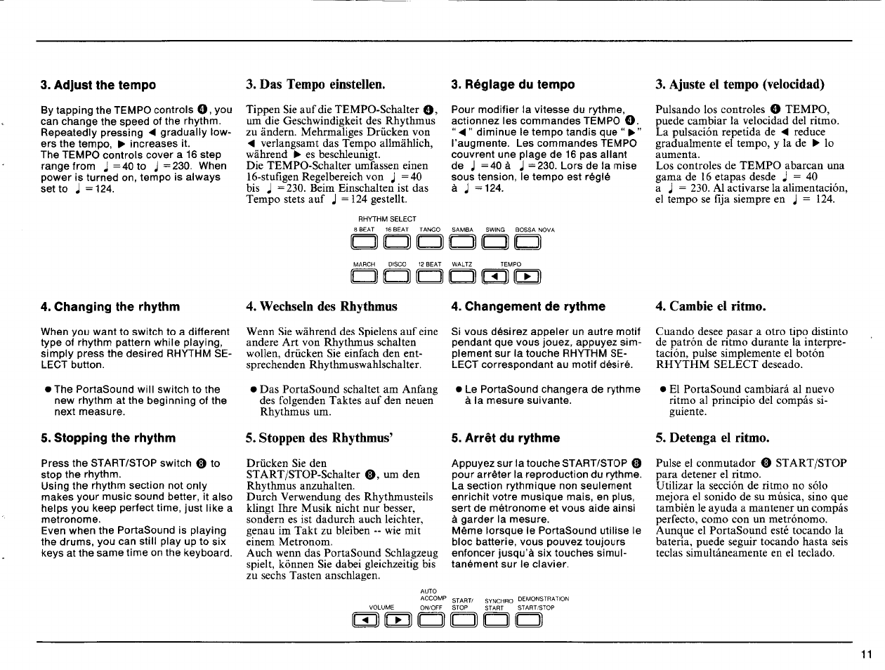 Adjust the tempo, Das tempo einstellen, Réglage du tempo | Ajuste el tempo (velocidad), Changing the rhythm, Wechseln des rhythmus, Changement de rythme, Stopping the rhythm, Stoppen des rhythmus, Arrêt du rythme | Yamaha Portatone PSS-140 User Manual | Page 12 / 31