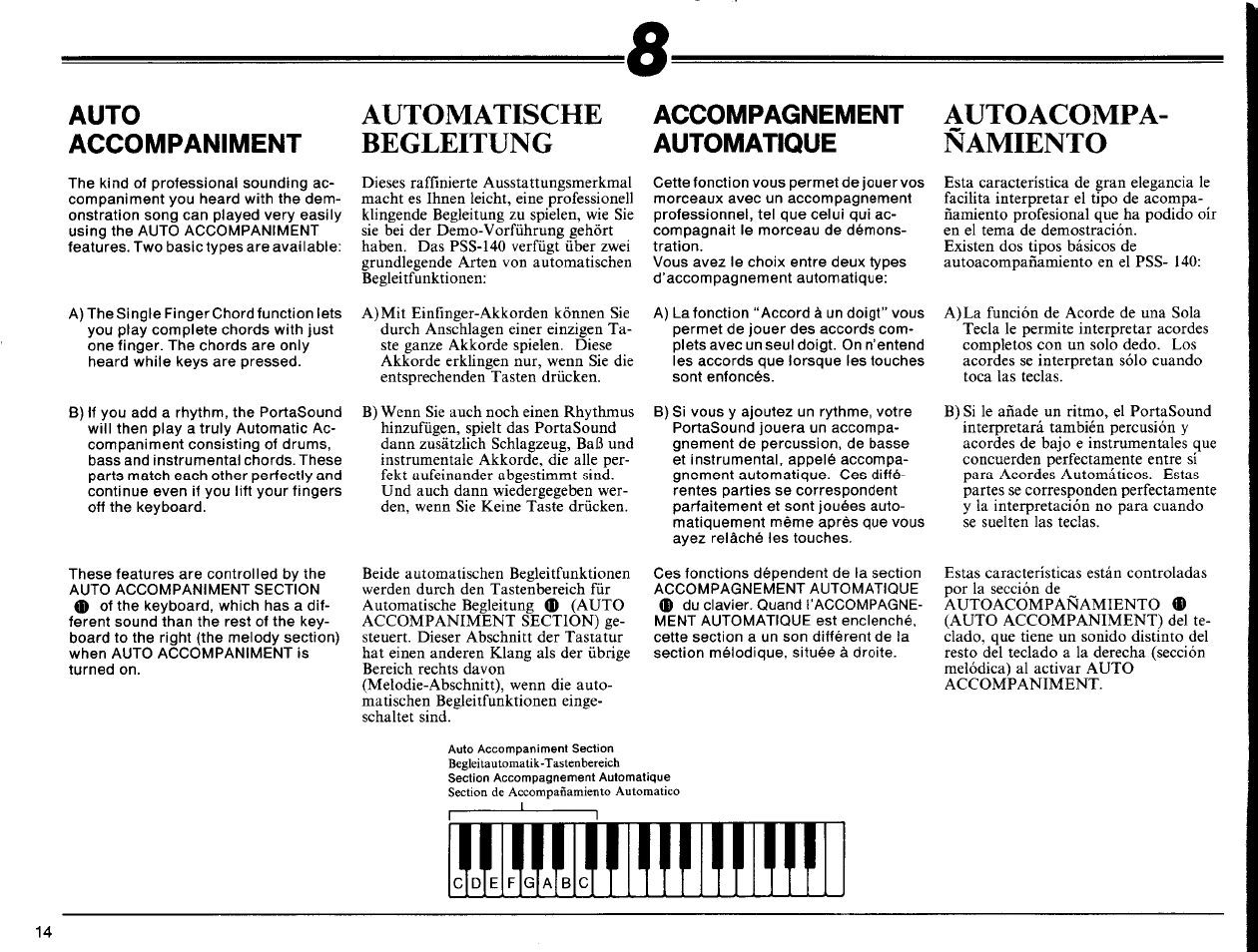 Automatische, Begleitung, Automatische begleitung | Autoacompa, Ñamiento, Auto accompaniment, Accompagnement, Automatique | Yamaha Portatone PSS-140 User Manual | Page 15 / 31