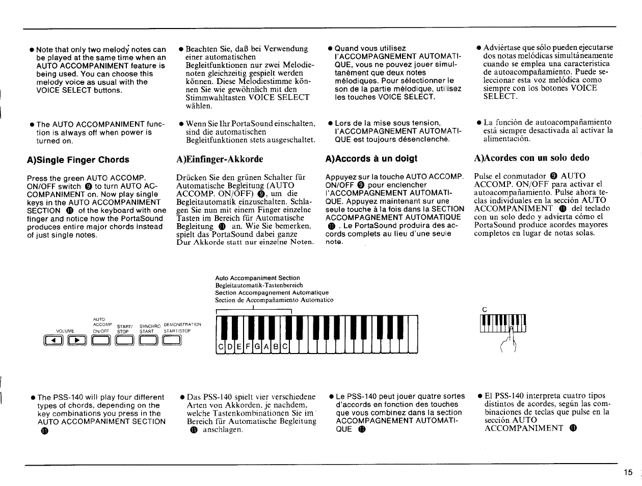 A)single fìnger chords, A)einfinger-akkorde, A)accords à un doigt | A)acordes con un solo dedo | Yamaha Portatone PSS-140 User Manual | Page 16 / 31