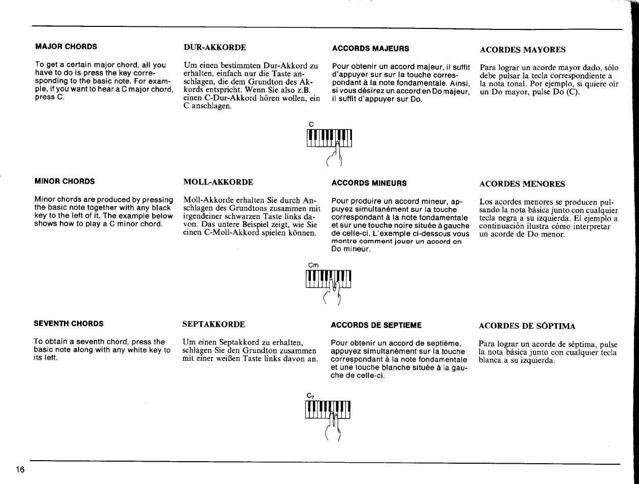 Minor chords, Accords mineurs, Seventh chords | Accords de septieme | Yamaha Portatone PSS-140 User Manual | Page 17 / 31