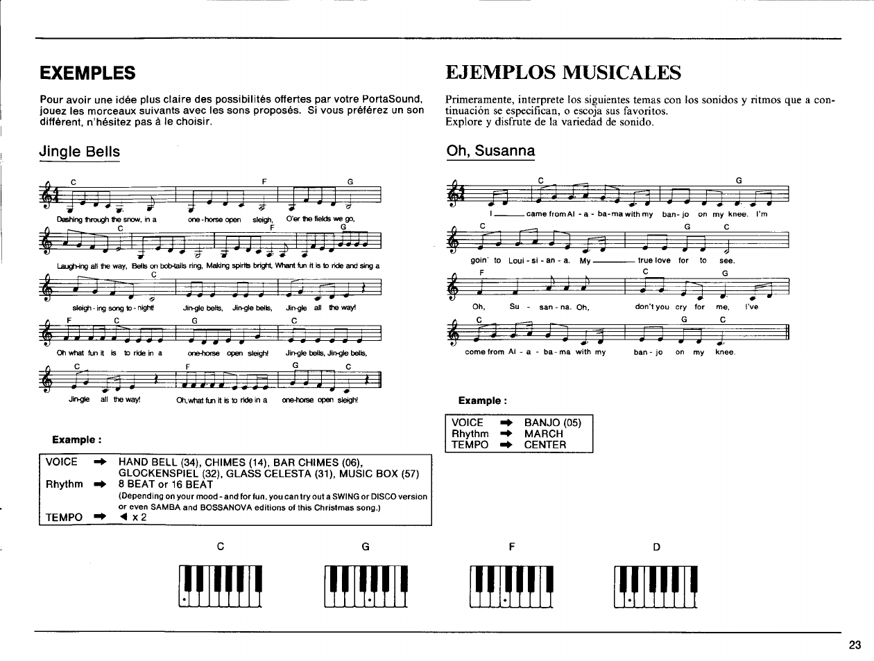 Ejemplos musicales, Example, Exemples | Jingle bells, Oh, susanna | Yamaha Portatone PSS-140 User Manual | Page 24 / 31