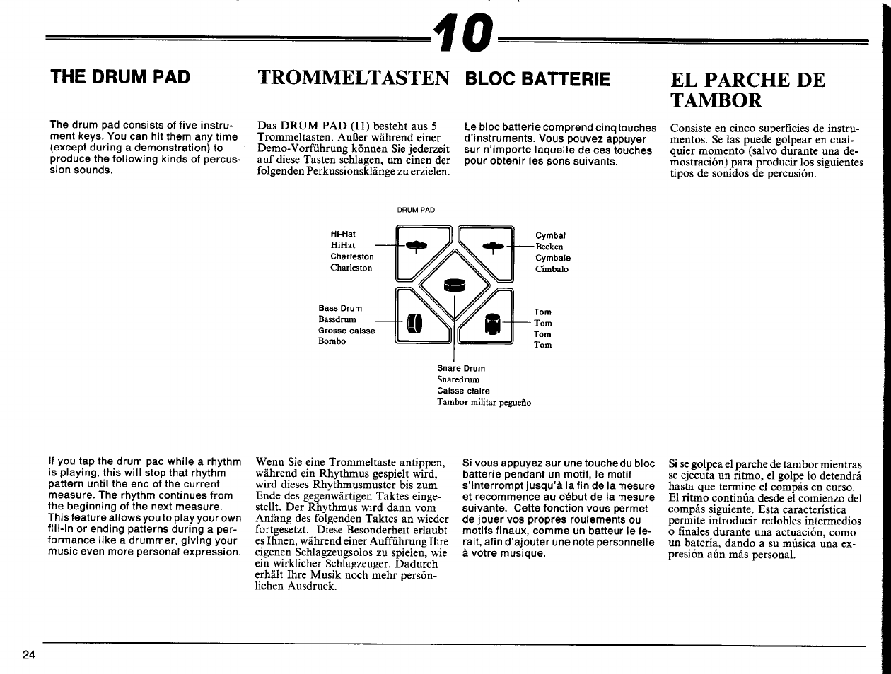 Trommeltasten bloc batterie, El parche de tambor, Trommeltasten | The drum pad, Bloc batterie | Yamaha Portatone PSS-140 User Manual | Page 25 / 31