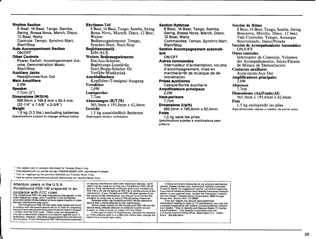 Rhythm section, Rhythmus-teil, Section rythmes | Sección de ritmo | Yamaha Portatone PSS-140 User Manual | Page 30 / 31