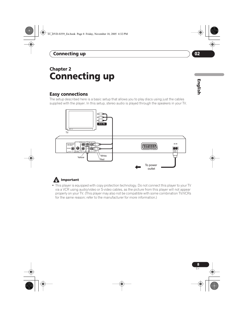 Connecting up, Easy connections, Connecting up 02 | Chapter 2, English | Yamaha DVD-S559 User Manual | Page 11 / 44