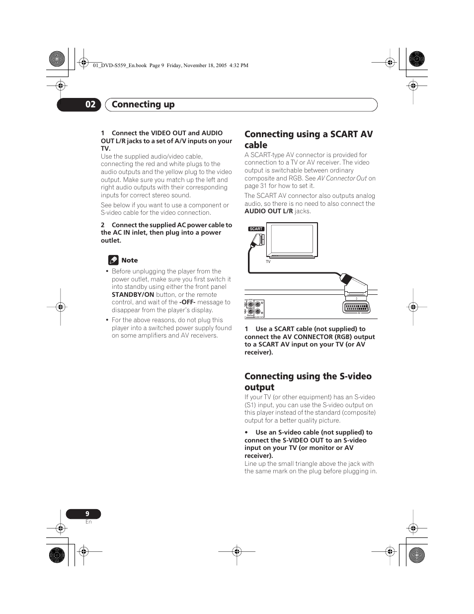 Connecting using a scart av cable, Connecting using the s-video output, Connecting up 02 | Yamaha DVD-S559 User Manual | Page 12 / 44