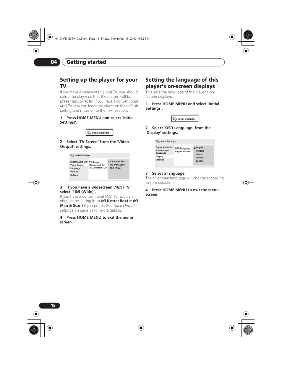 Setting up the player for your tv, Getting started 04 | Yamaha DVD-S559 User Manual | Page 18 / 44