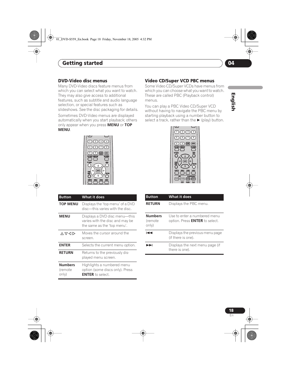 Dvd-video disc menus, Video cd/super vcd pbc menus, Play) to start playback | If you’re playing a dvd or video cd/super vcd, An on-screen menu may appear. see, Getting started 04, English, Enter | Yamaha DVD-S559 User Manual | Page 21 / 44