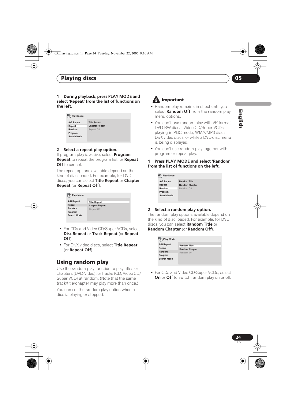 Using random play, Playing discs 05, English | Yamaha DVD-S559 User Manual | Page 27 / 44