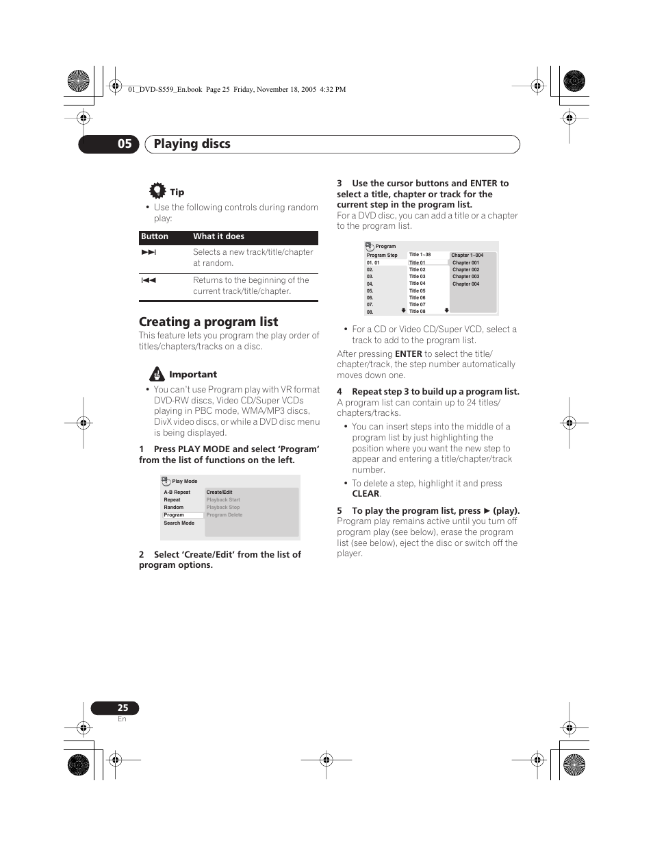 Creating a program list, Playing discs 05 | Yamaha DVD-S559 User Manual | Page 28 / 44