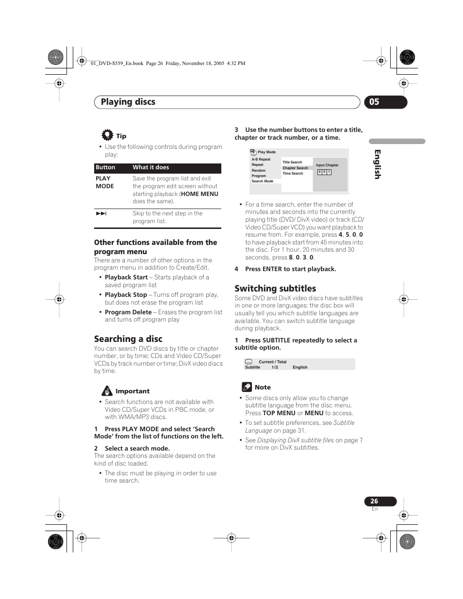 Other functions available from the program menu, Searching a disc, Switching subtitles | Cursor buttons, Playing discs 05, English | Yamaha DVD-S559 User Manual | Page 29 / 44