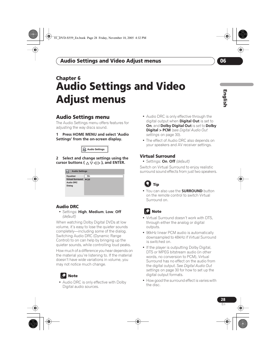 Audio settings and video adjust menus, Audio settings menu, Audio drc | Virtual surround, Thumbnail image on screen, Audio settings and video adjust menus 06, Chapter 6 | Yamaha DVD-S559 User Manual | Page 31 / 44