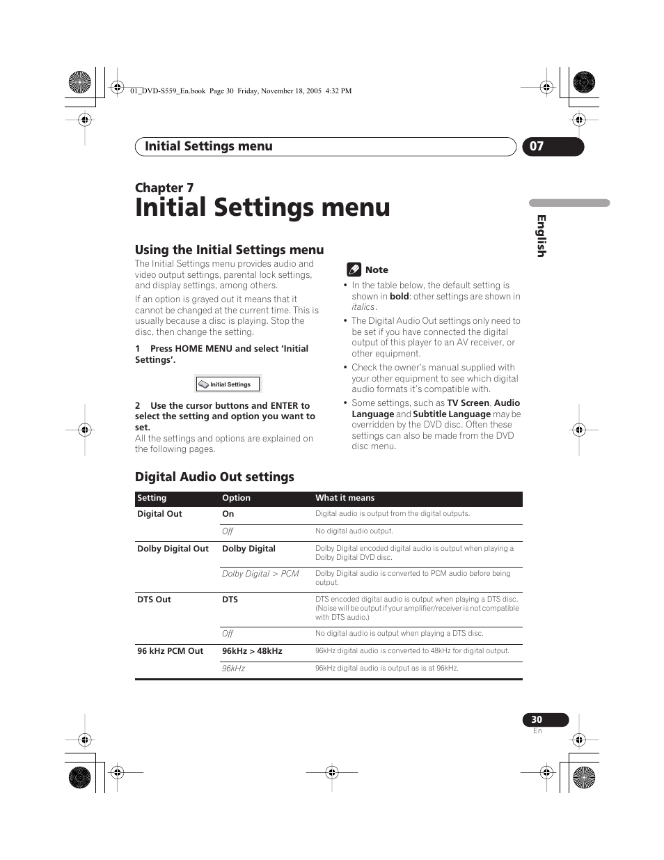 Initial settings menu, Using the initial settings menu, Digital audio out settings | Audio drc is only effective through the, Digital output when, Digital out is set to, On , and dolby digital out, Initial settings menu 07, Chapter 7 | Yamaha DVD-S559 User Manual | Page 33 / 44