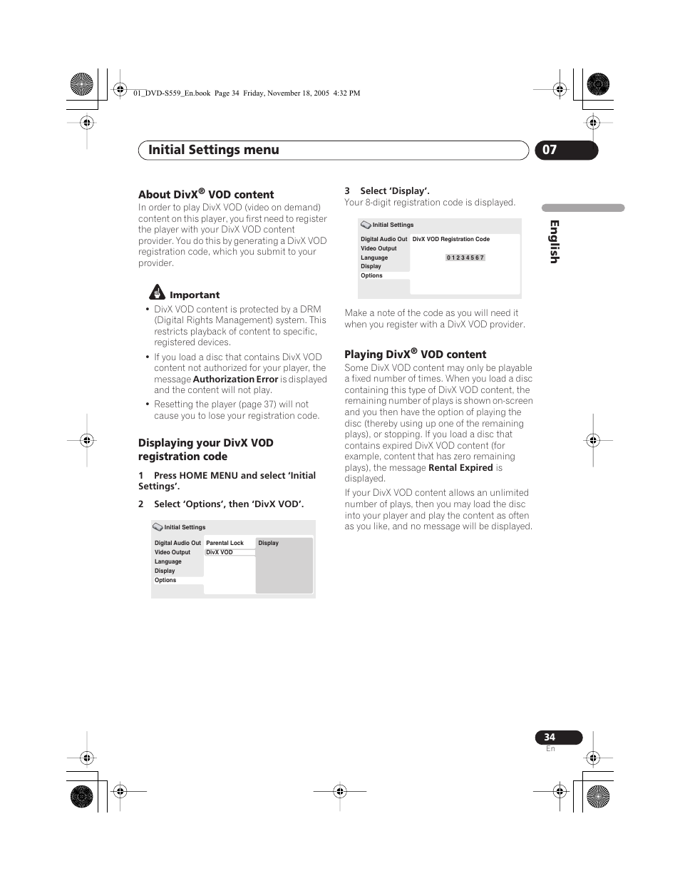 About divx® vod content, Displaying your divx vod registration code, Playing divx® vod content | Initial settings menu 07, English | Yamaha DVD-S559 User Manual | Page 37 / 44