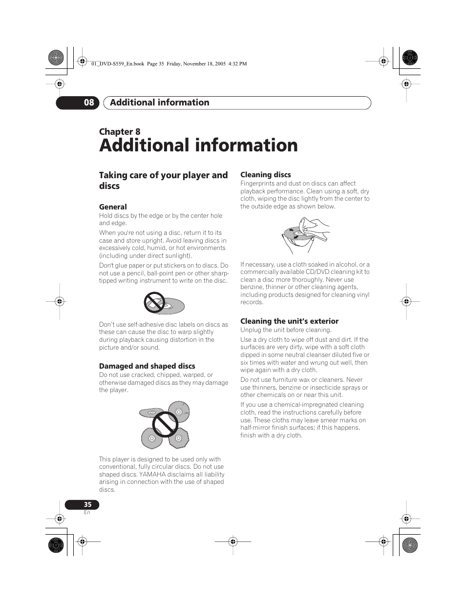 Additional information, Taking care of your player and discs, General | Damaged and shaped discs, Cleaning discs, Cleaning the unit’s exterior | Yamaha DVD-S559 User Manual | Page 38 / 44