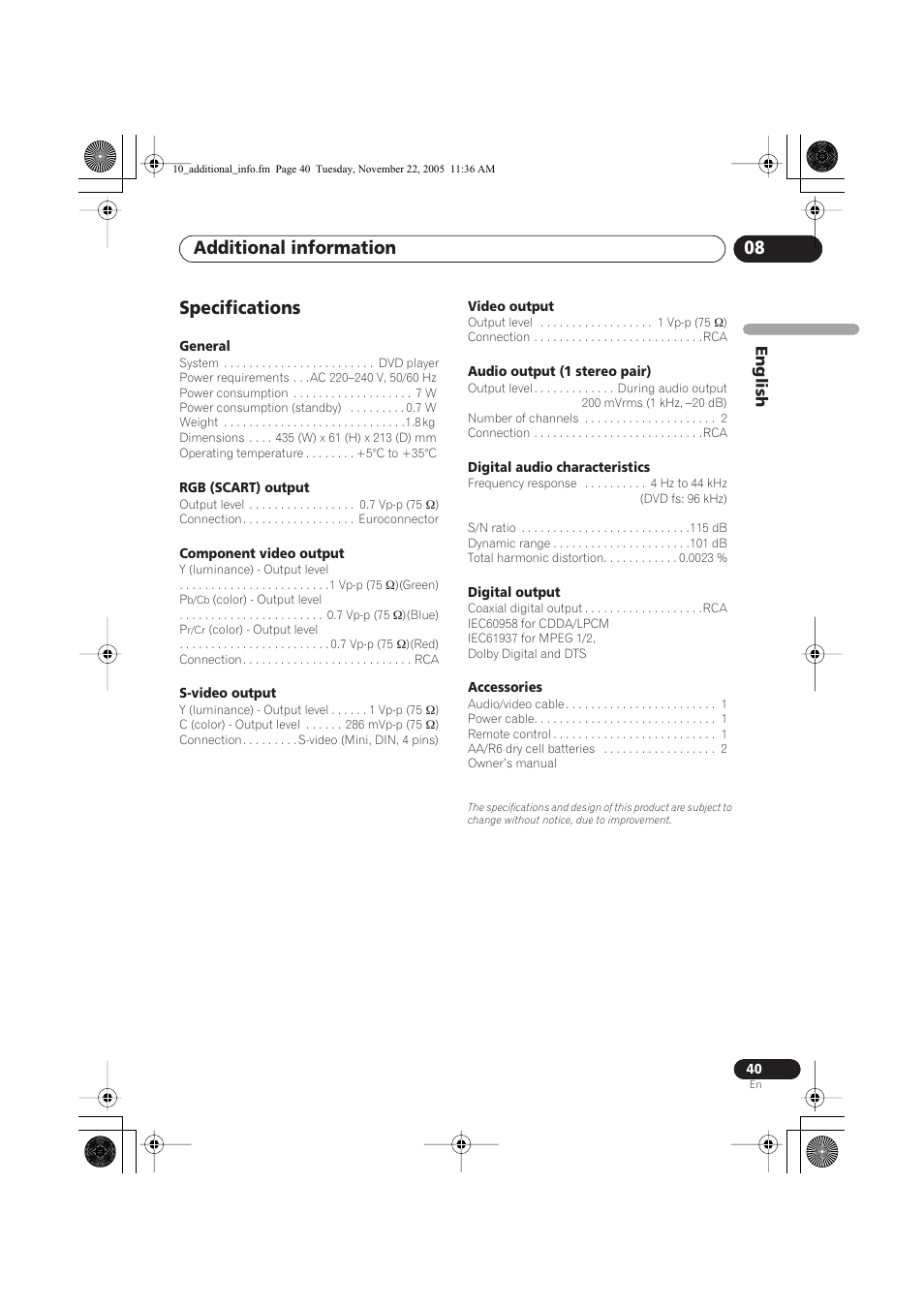 Specifications, Additional information 08, English | Yamaha DVD-S559 User Manual | Page 43 / 44