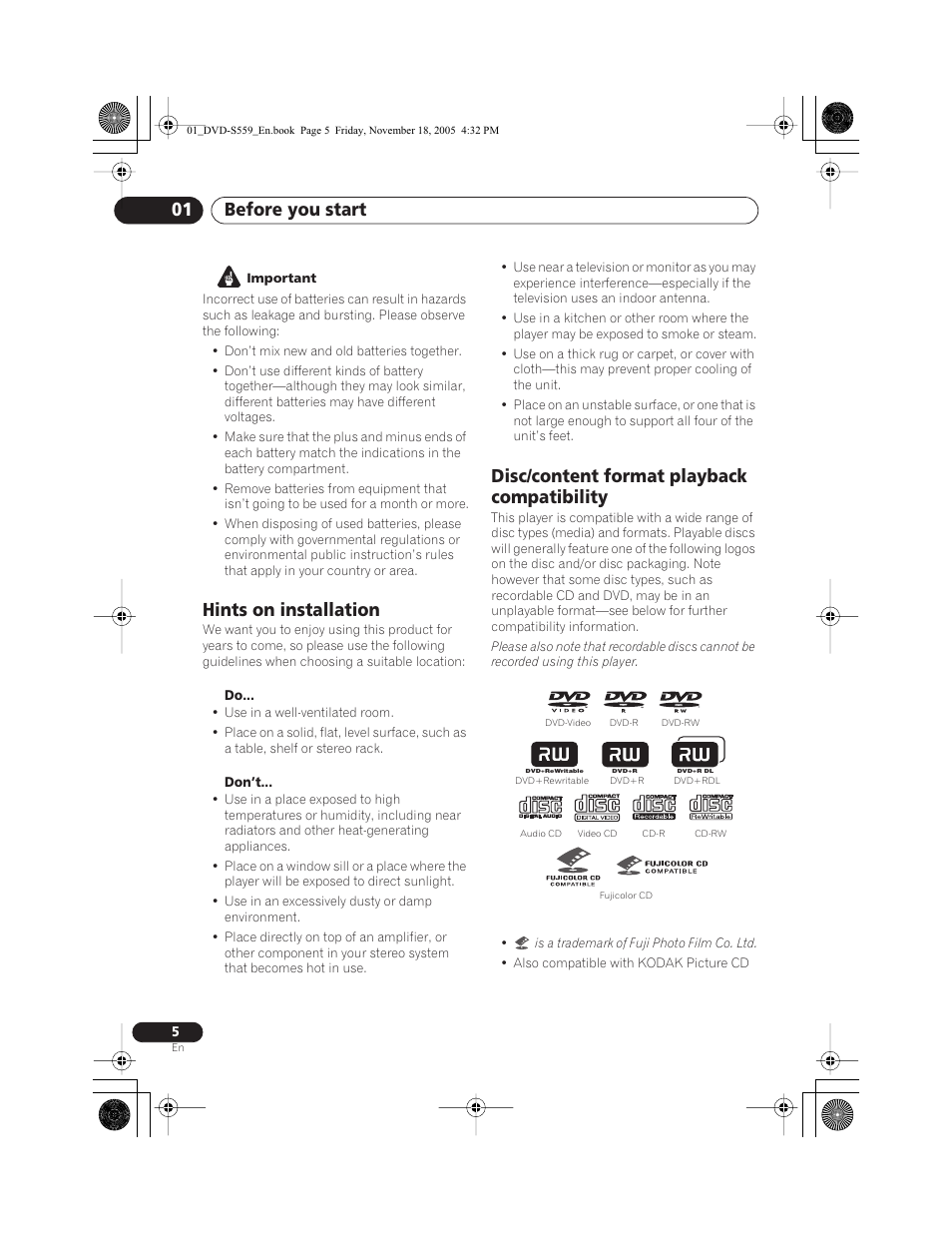 Hints on installation, Disc/content format playback compatibility, Before you start 01 | Yamaha DVD-S559 User Manual | Page 8 / 44