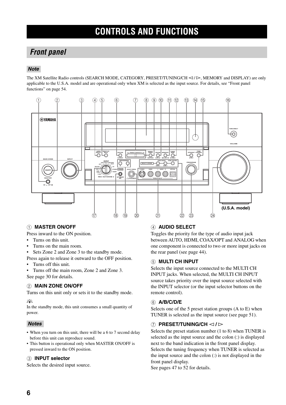 Controls and functions, Front panel, U.s.a. model) | Yamaha X-V2600 User Manual | Page 10 / 144