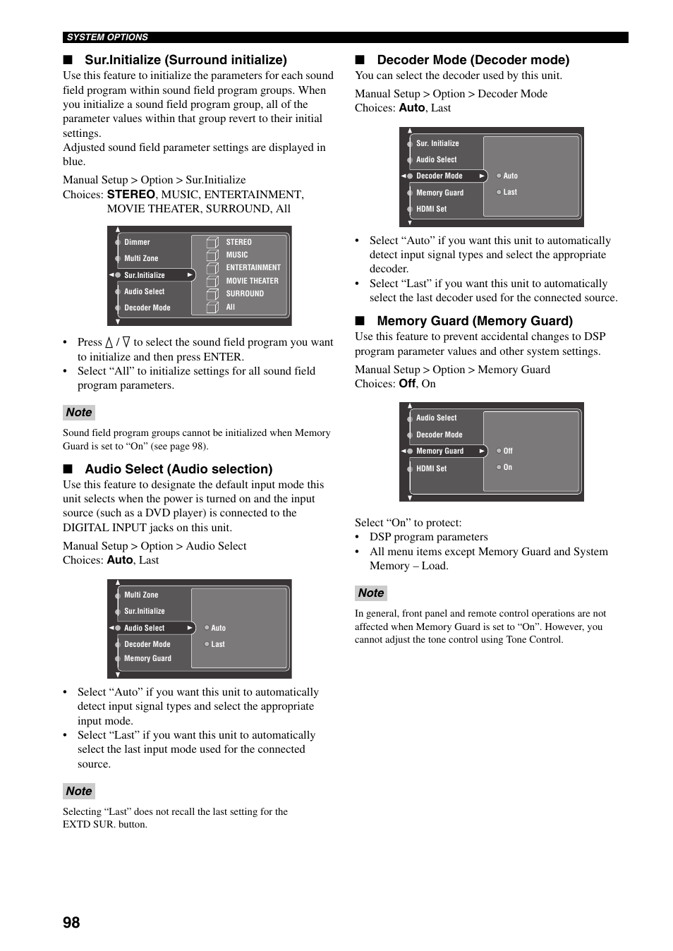 Sur.initialize (surround initialize), Audio select (audio selection), Decoder mode (decoder mode) | Yamaha X-V2600 User Manual | Page 102 / 144