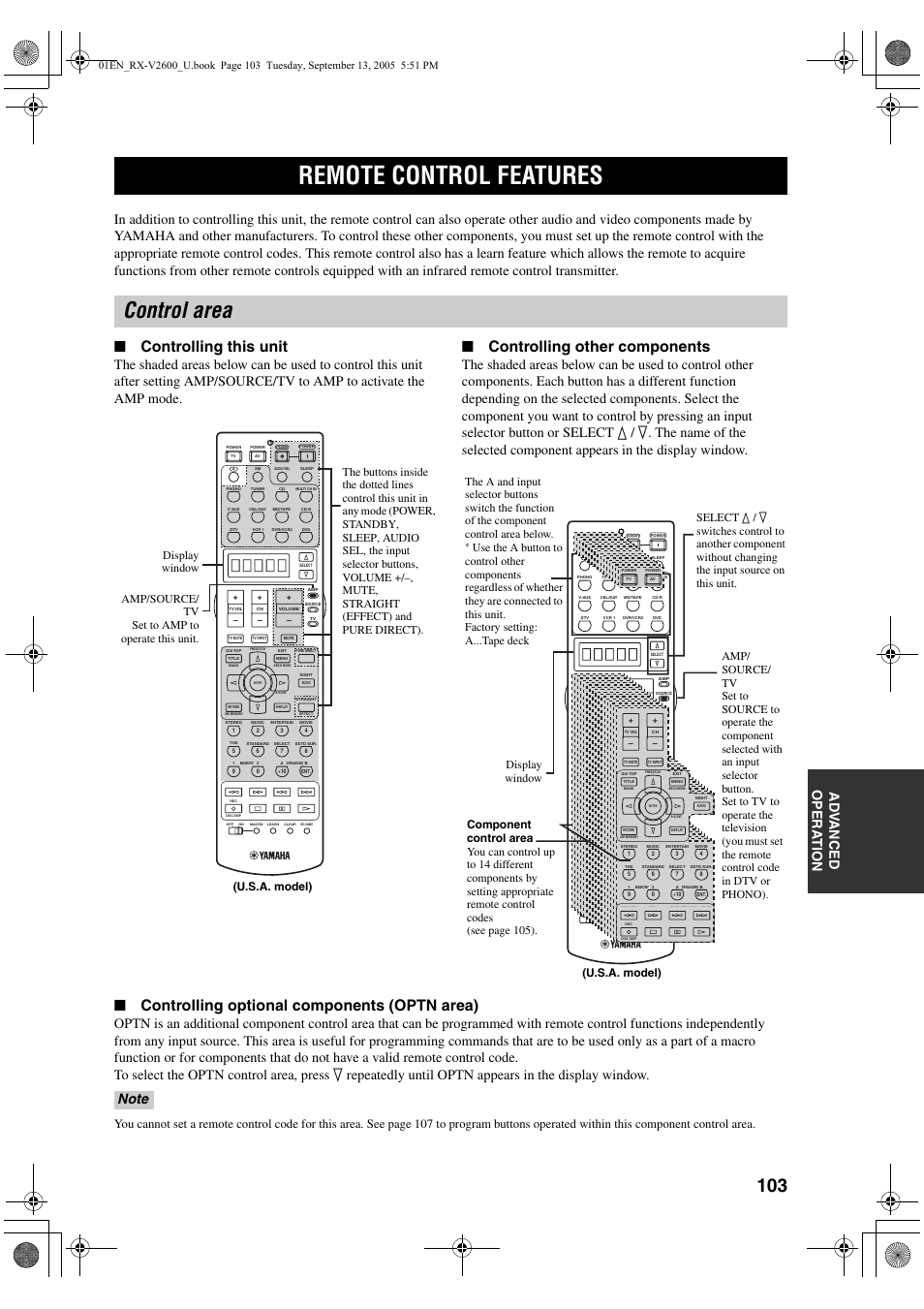 Remote control features, Control area, Controlling this unit | Controlling other components, Controlling optional components (optn area) | Yamaha X-V2600 User Manual | Page 107 / 144