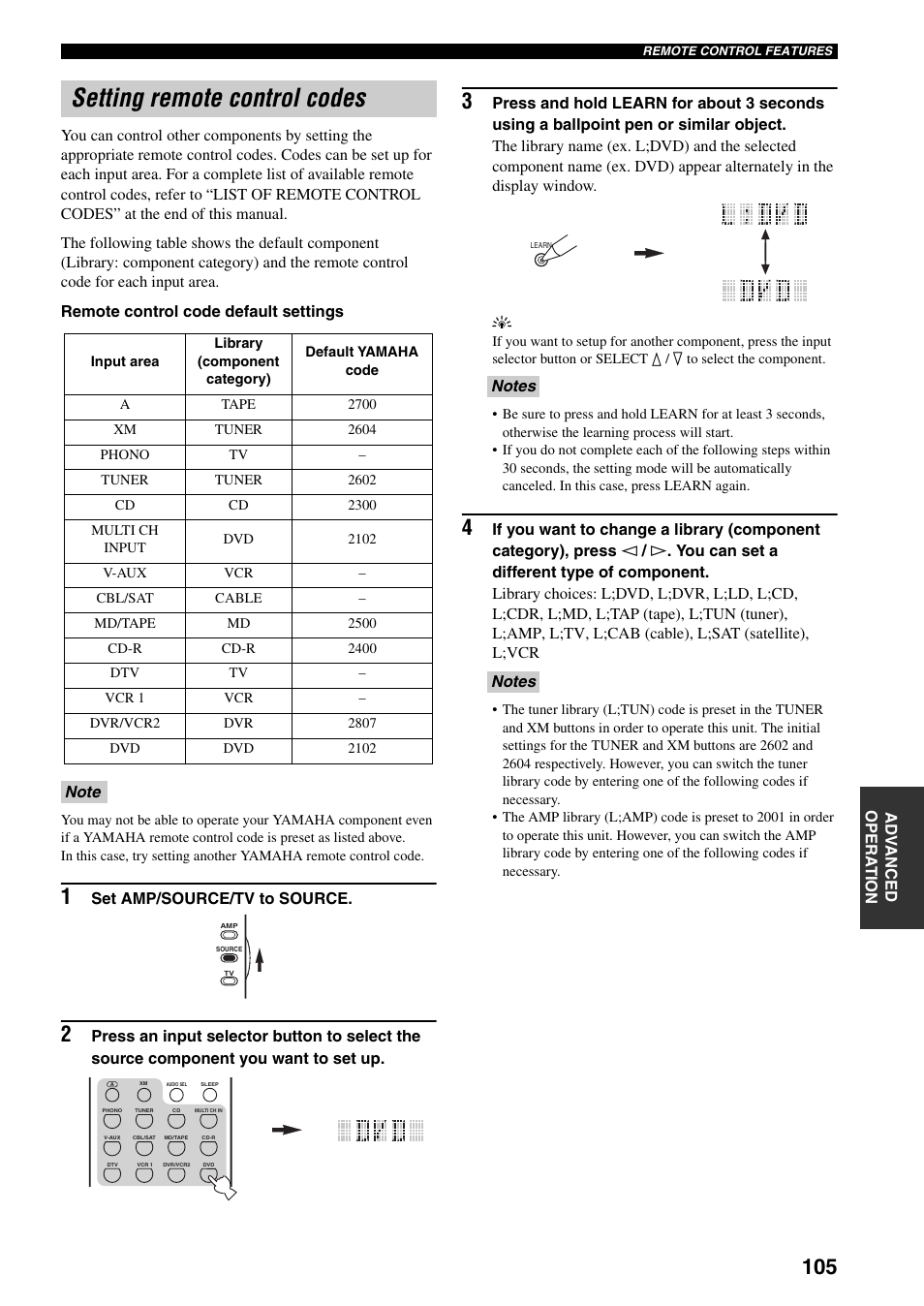 Setting remote control codes | Yamaha X-V2600 User Manual | Page 109 / 144