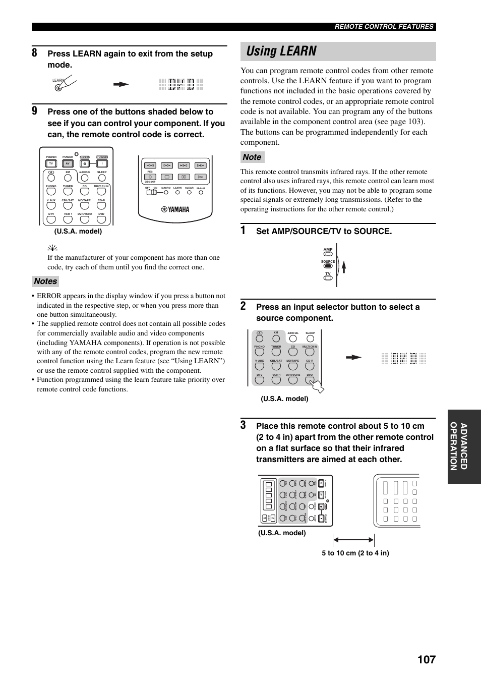 Using learn, Press learn again to exit from the setup mode, Set amp/source/tv to source | U.s.a. model), Remote control features | Yamaha X-V2600 User Manual | Page 111 / 144
