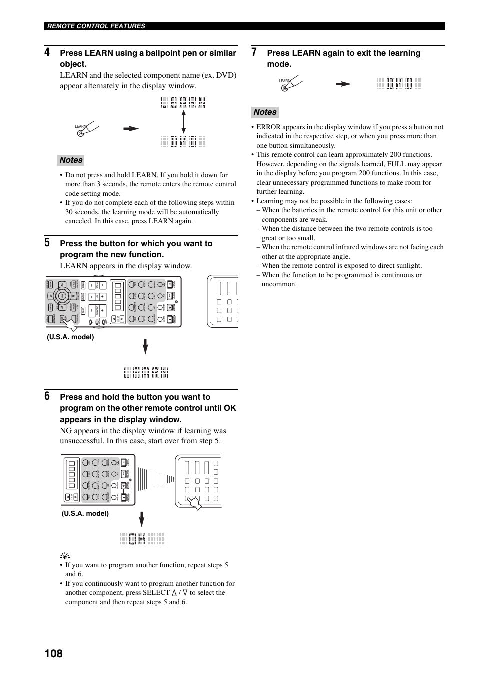 Press learn again to exit the learning mode, U.s.a. model), Remote control features | Yamaha X-V2600 User Manual | Page 112 / 144