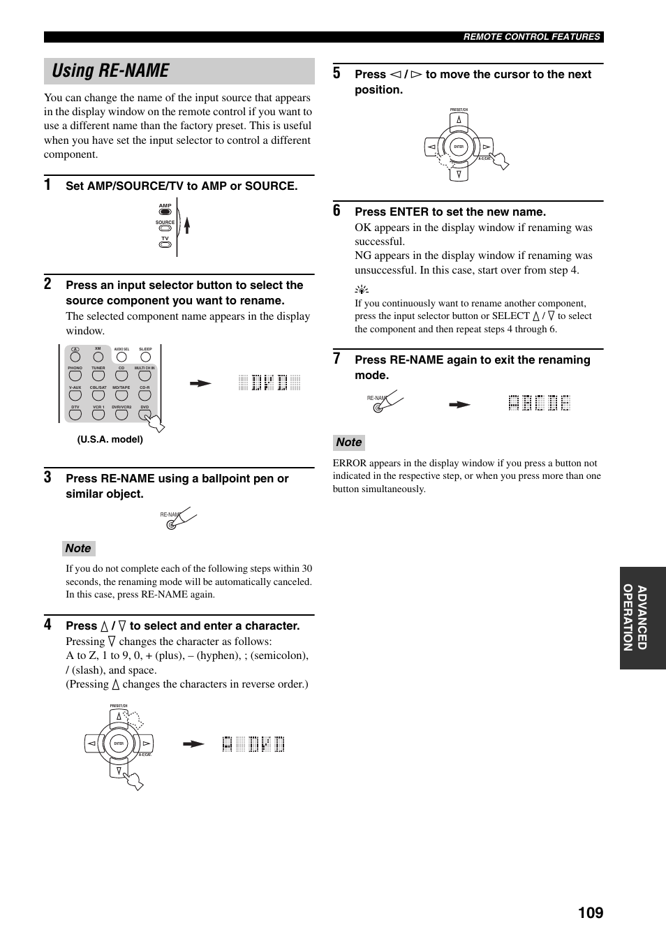 Using re-name, Set amp/source/tv to amp or source, Press re-name again to exit the renaming mode | Yamaha X-V2600 User Manual | Page 113 / 144