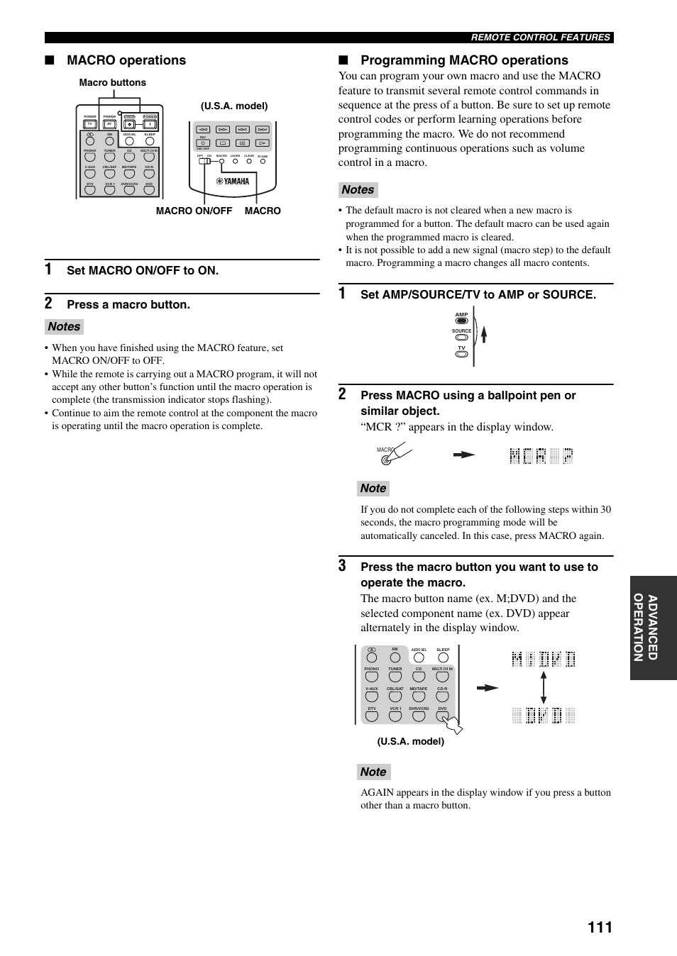 Macro operations, Programming macro operations, Set macro on/off to on | Press a macro button, Set amp/source/tv to amp or source | Yamaha X-V2600 User Manual | Page 115 / 144