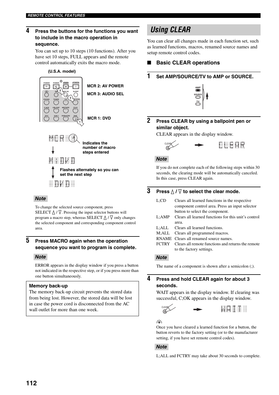 Using clear, Basic clear operations, Set amp/source/tv to amp or source | Press k / n to select the clear mode | Yamaha X-V2600 User Manual | Page 116 / 144