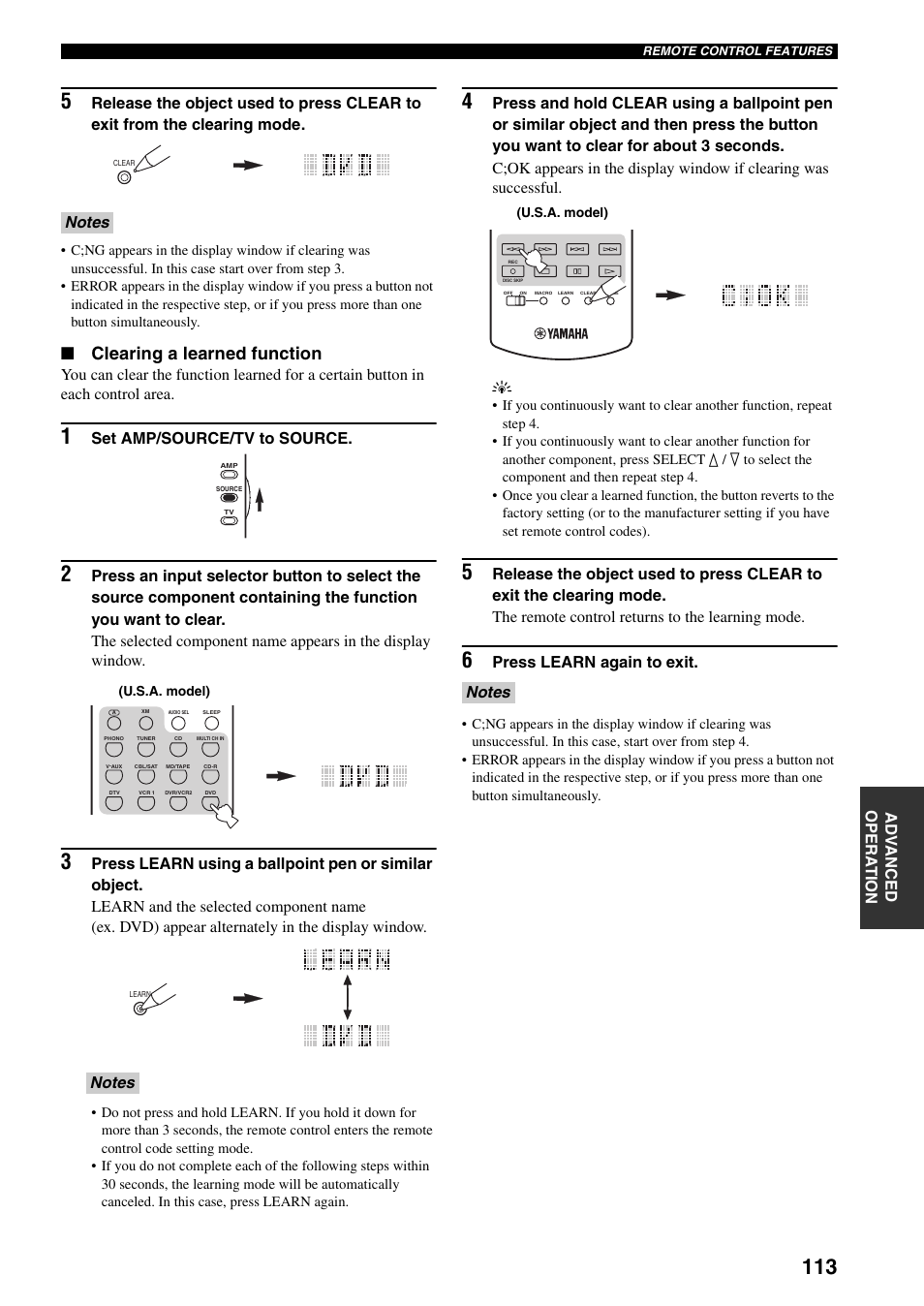 Clearing a learned function, Set amp/source/tv to source, Press learn again to exit | Yamaha X-V2600 User Manual | Page 117 / 144