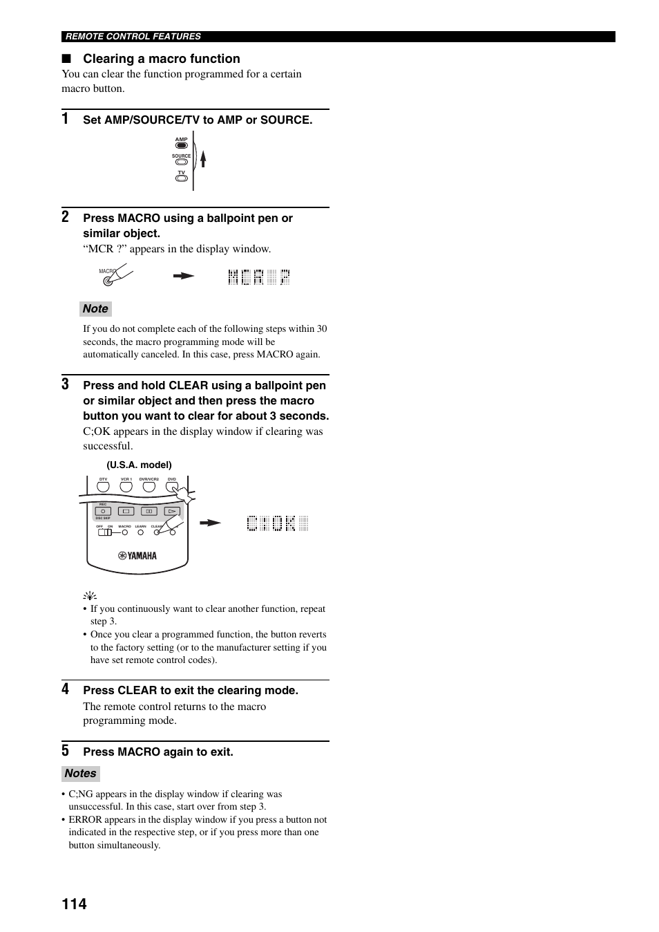 Clearing a macro function, Set amp/source/tv to amp or source, Press macro again to exit | Yamaha X-V2600 User Manual | Page 118 / 144