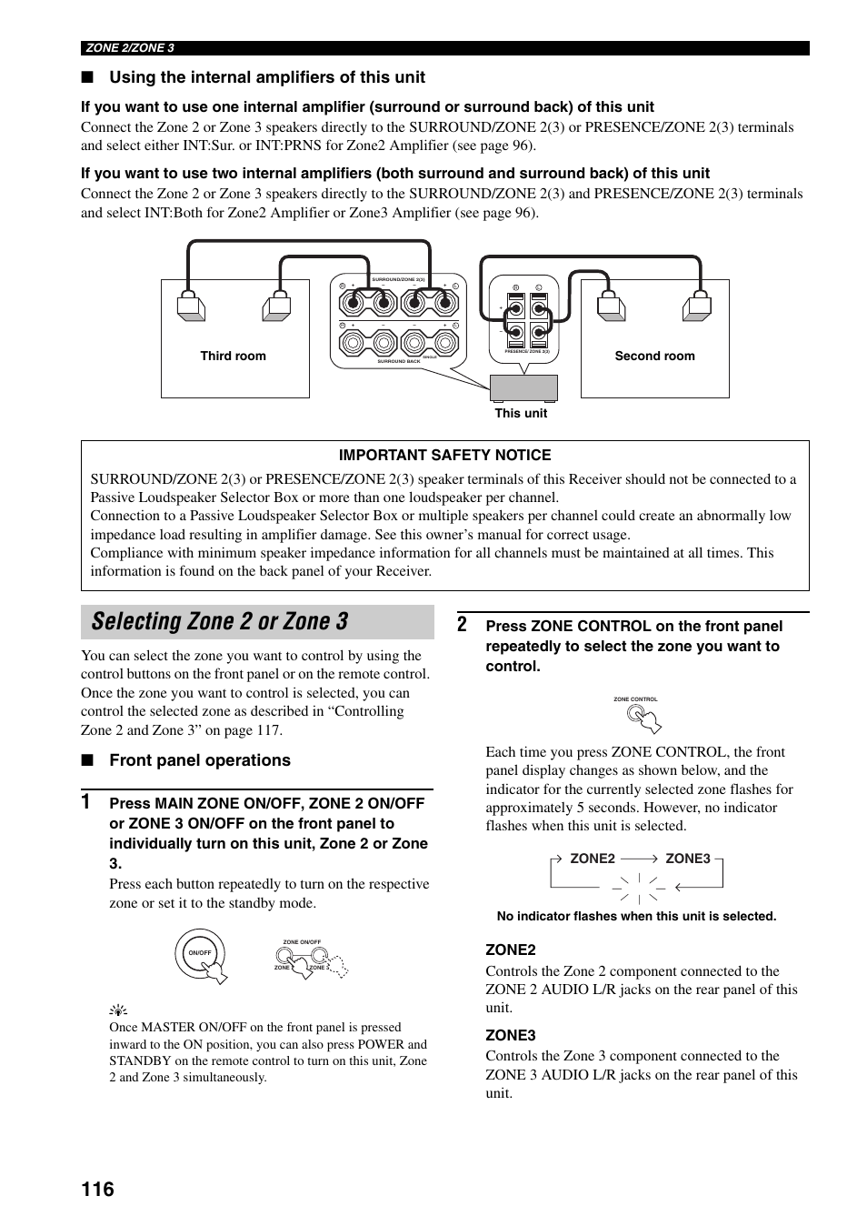 Selecting zone 2 or zone 3, Using the internal amplifiers of this unit, Front panel operations | Yamaha X-V2600 User Manual | Page 120 / 144