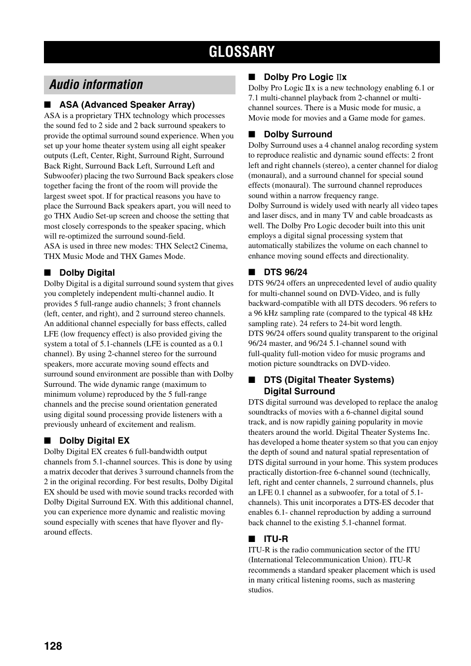 Glossary, Audio information | Yamaha X-V2600 User Manual | Page 132 / 144