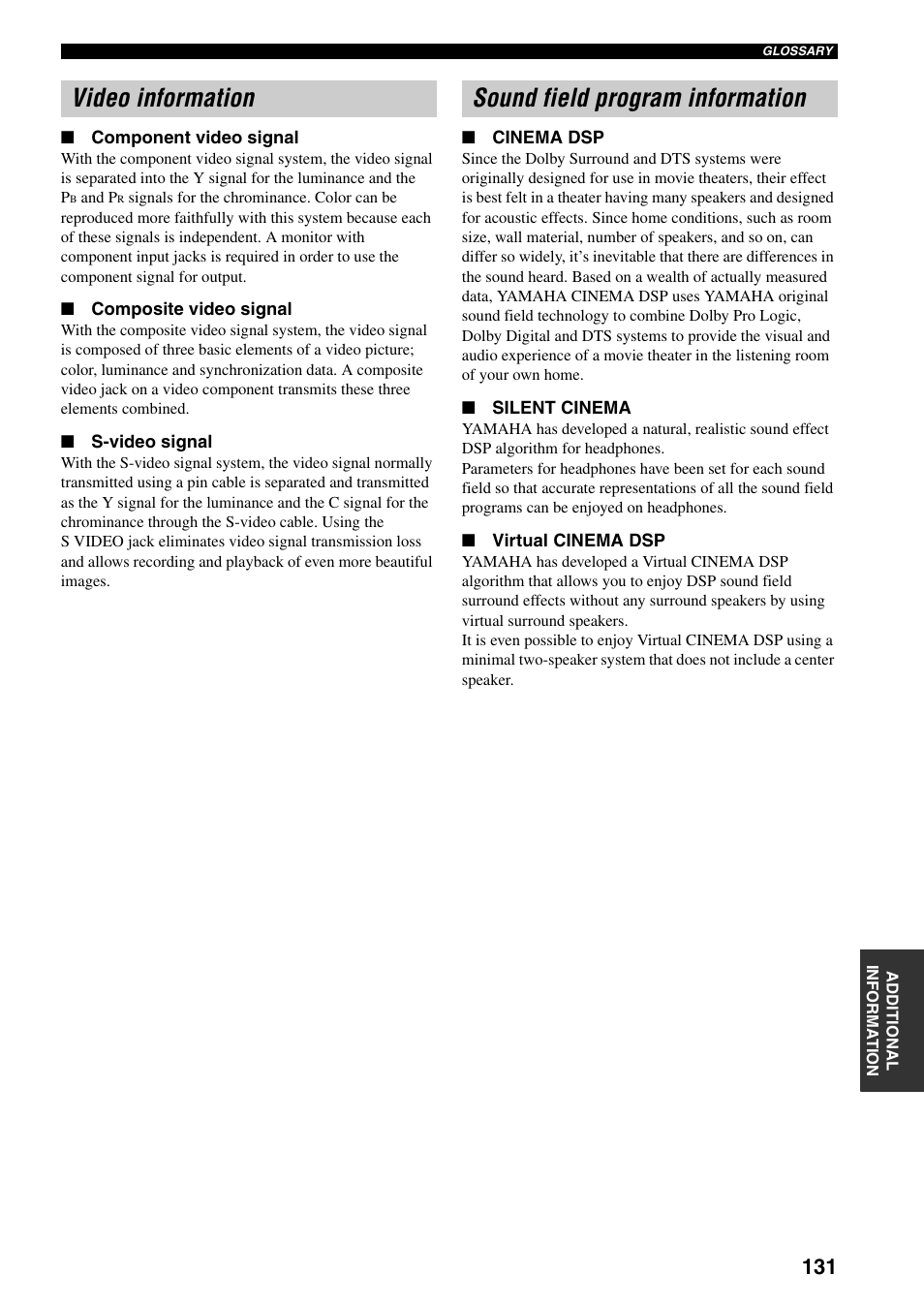 Video information, Sound field program information, Video information sound field program information | Yamaha X-V2600 User Manual | Page 135 / 144