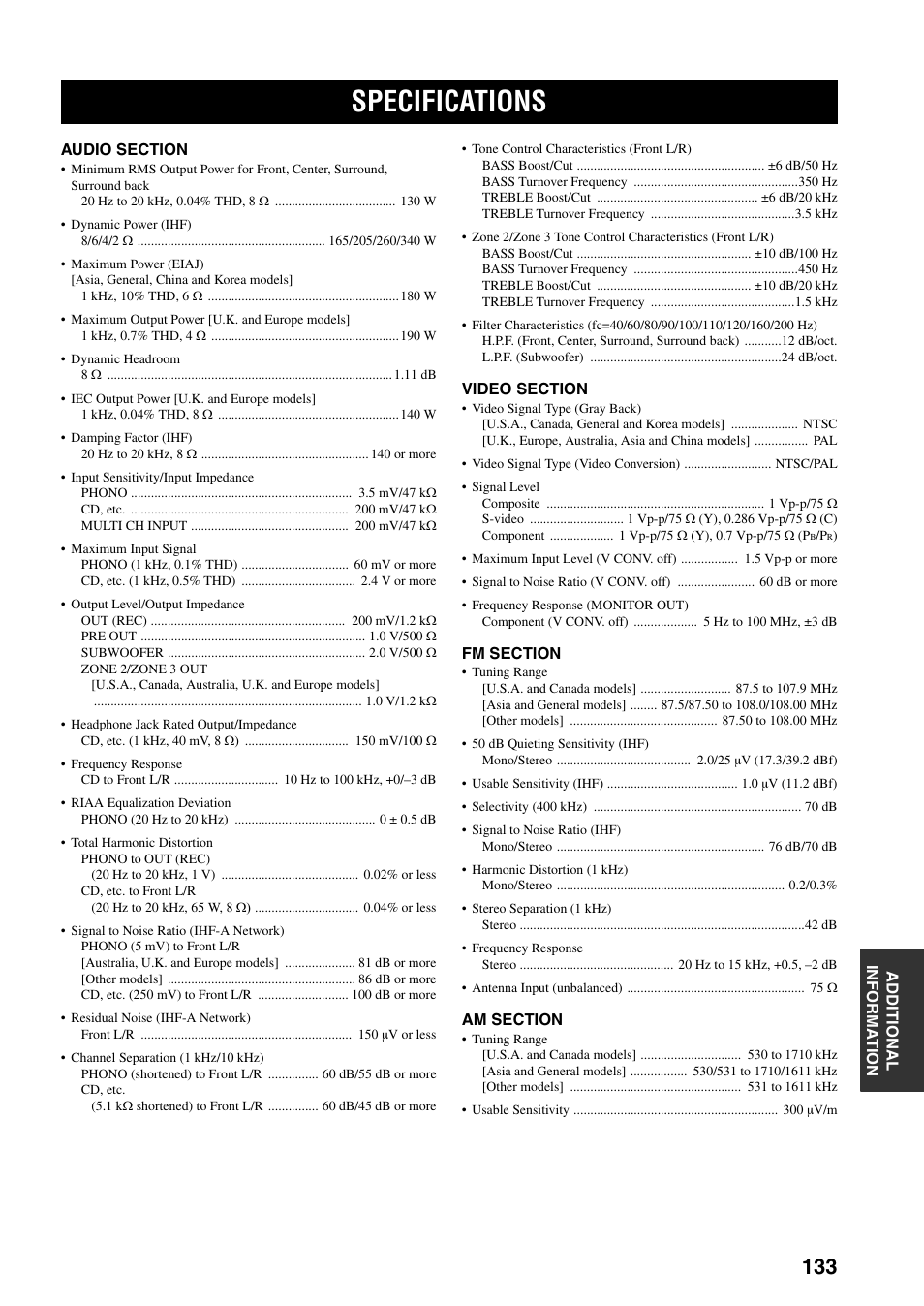 Specifications | Yamaha X-V2600 User Manual | Page 137 / 144