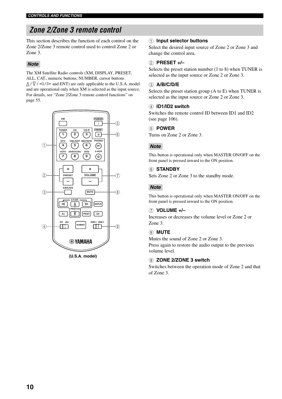 Zone 2/zone 3 remote control | Yamaha X-V2600 User Manual | Page 14 / 144