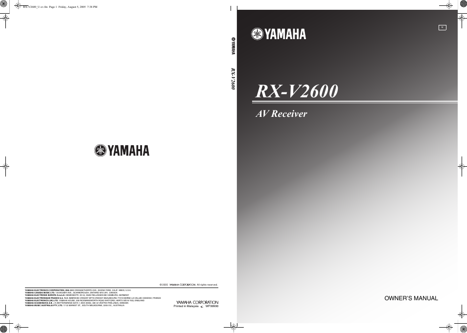 Rx-v2600, Av receiver | Yamaha X-V2600 User Manual | Page 144 / 144