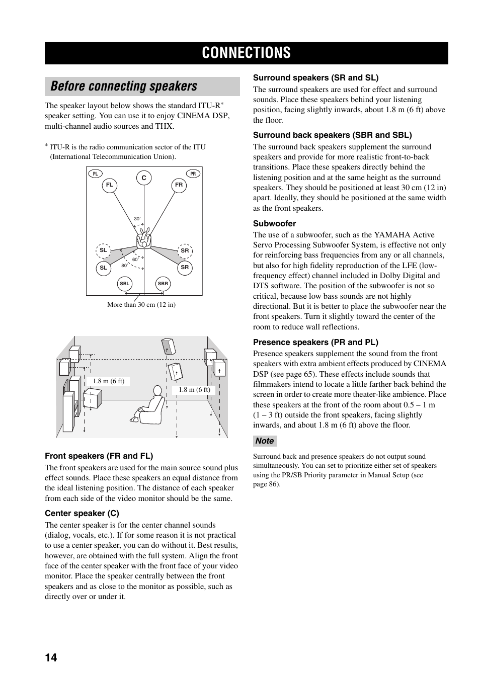 Connections, Before connecting speakers | Yamaha X-V2600 User Manual | Page 18 / 144