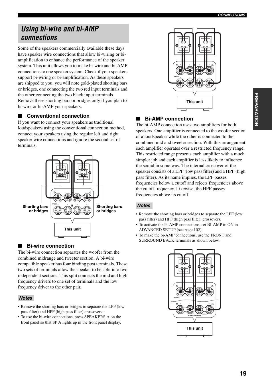 Using bi-wire and bi-amp connections, Conventional connection, Bi-wire connection | Bi-amp connection | Yamaha X-V2600 User Manual | Page 23 / 144
