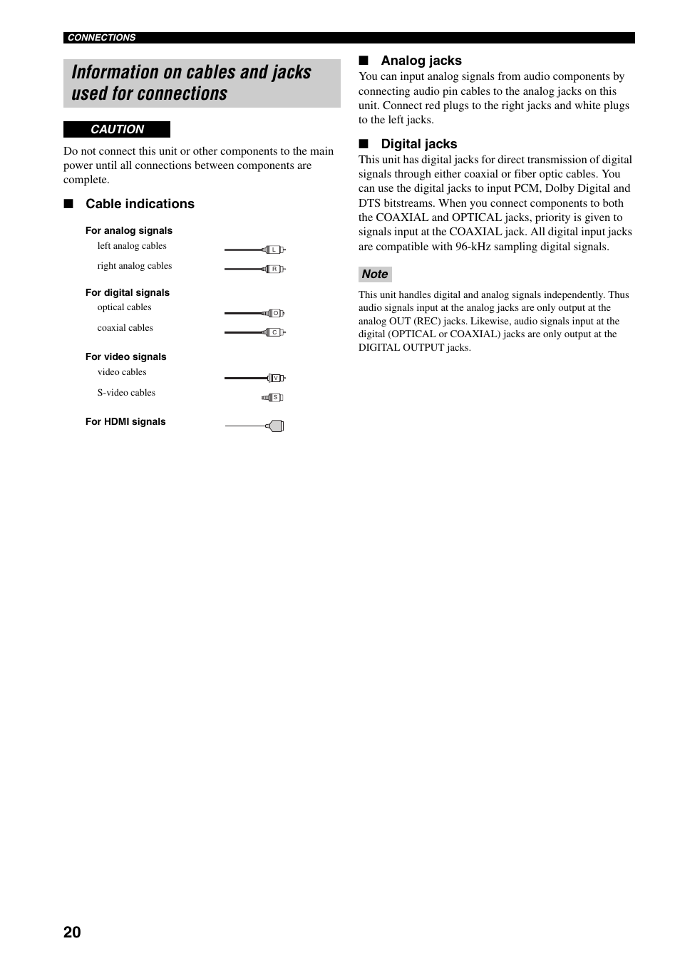 Information on cables and jacks, Used for connections, Cable indications ■ analog jacks | Digital jacks | Yamaha X-V2600 User Manual | Page 24 / 144