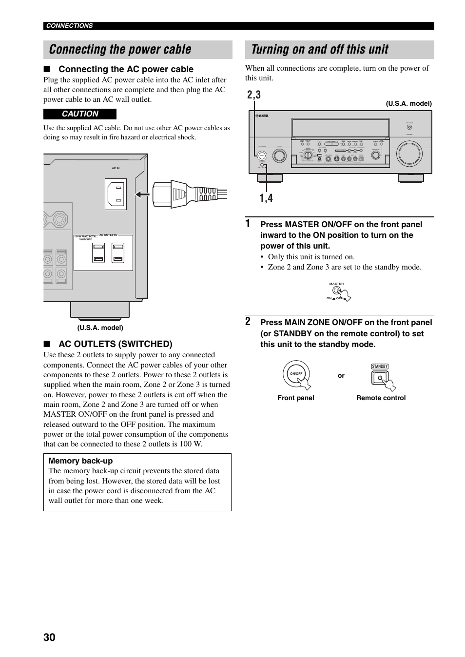 Connecting the power cable, Turning on and off this unit, Connecting the ac power cable | Ac outlets (switched) | Yamaha X-V2600 User Manual | Page 34 / 144