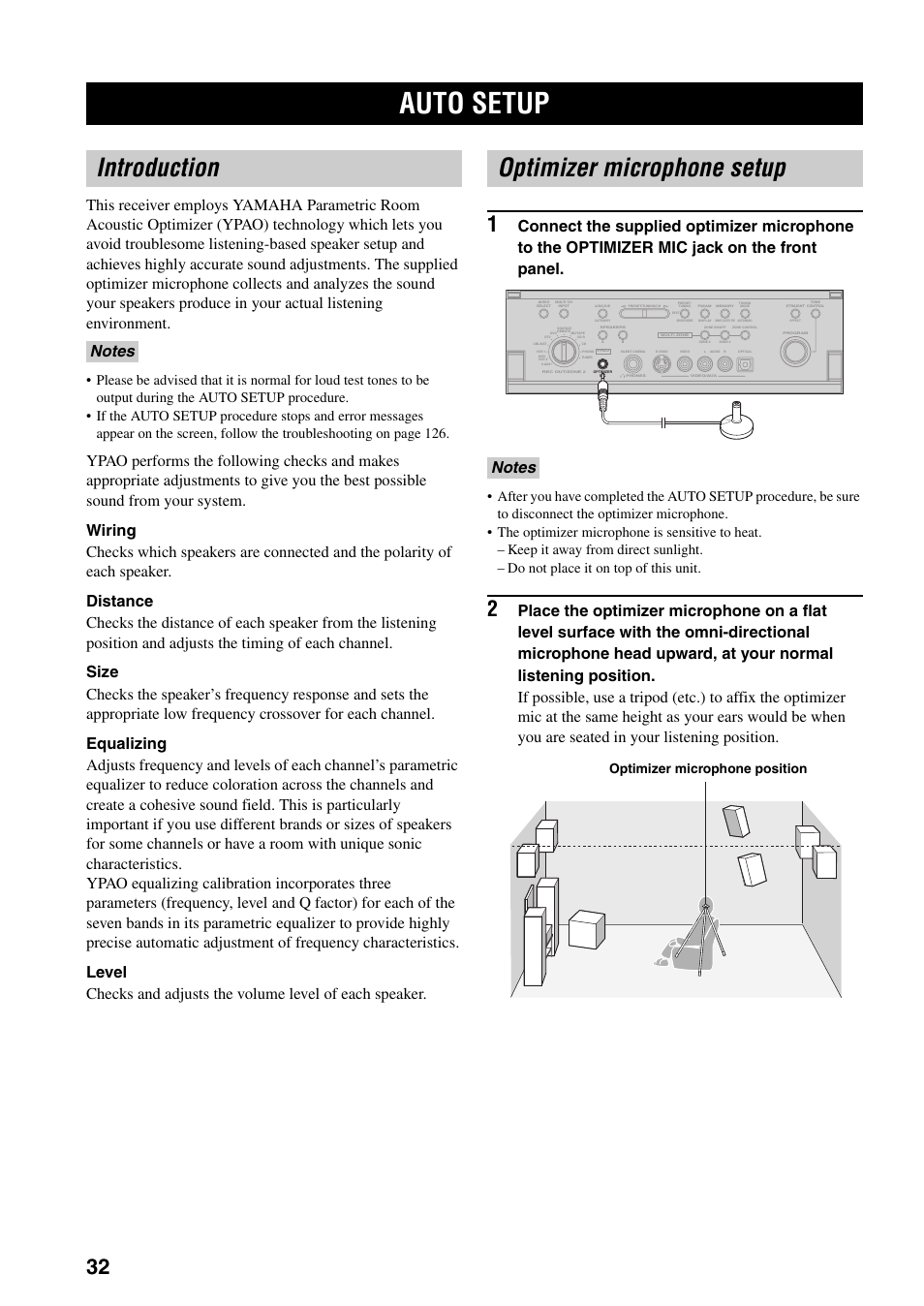 Auto setup, Introduction, Optimizer microphone setup | Introduction optimizer microphone setup, Optimizer microphone position | Yamaha X-V2600 User Manual | Page 36 / 144