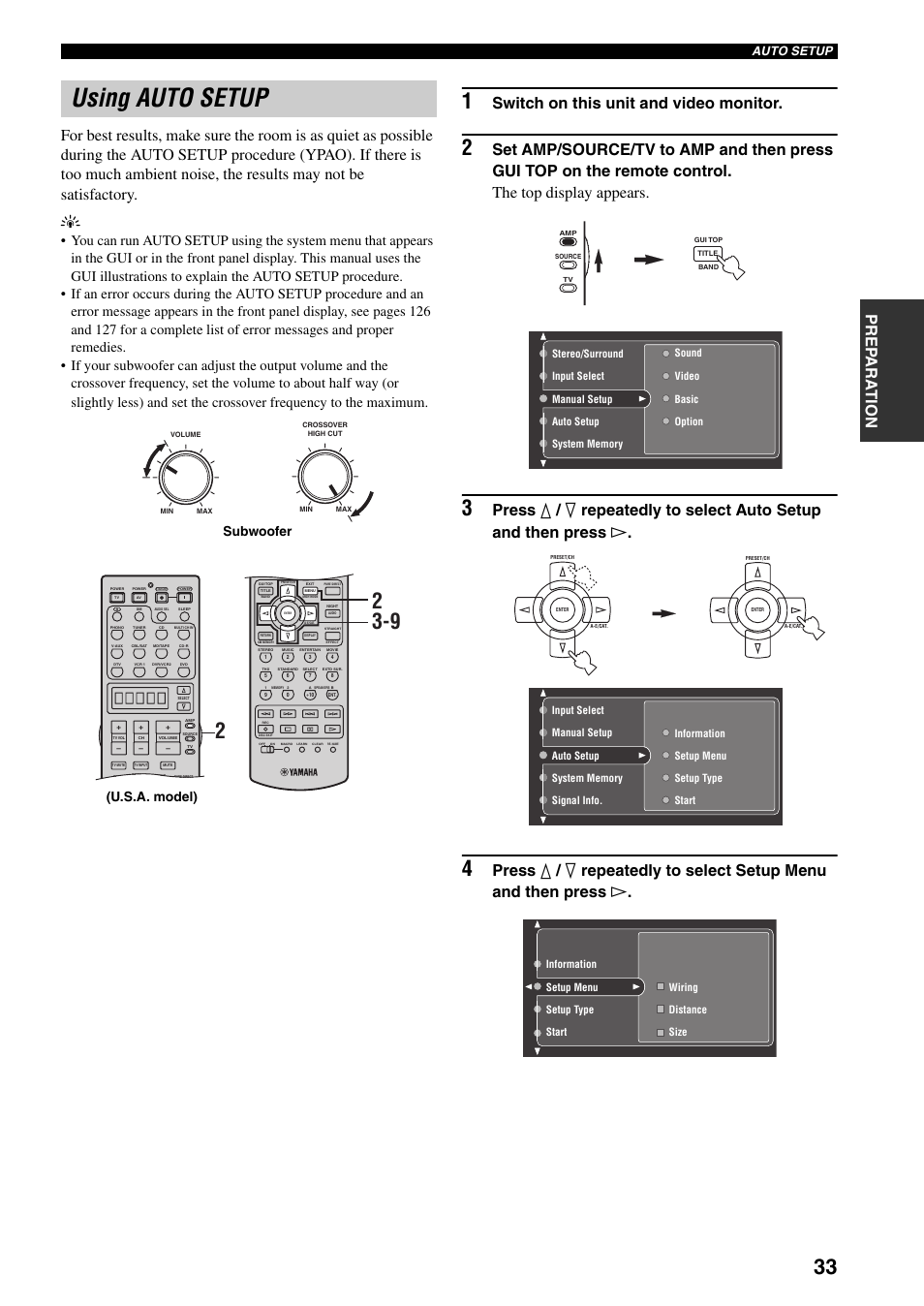 Using auto setup, Switch on this unit and video monitor, Subwoofer | U.s.a. model), Auto setup | Yamaha X-V2600 User Manual | Page 37 / 144