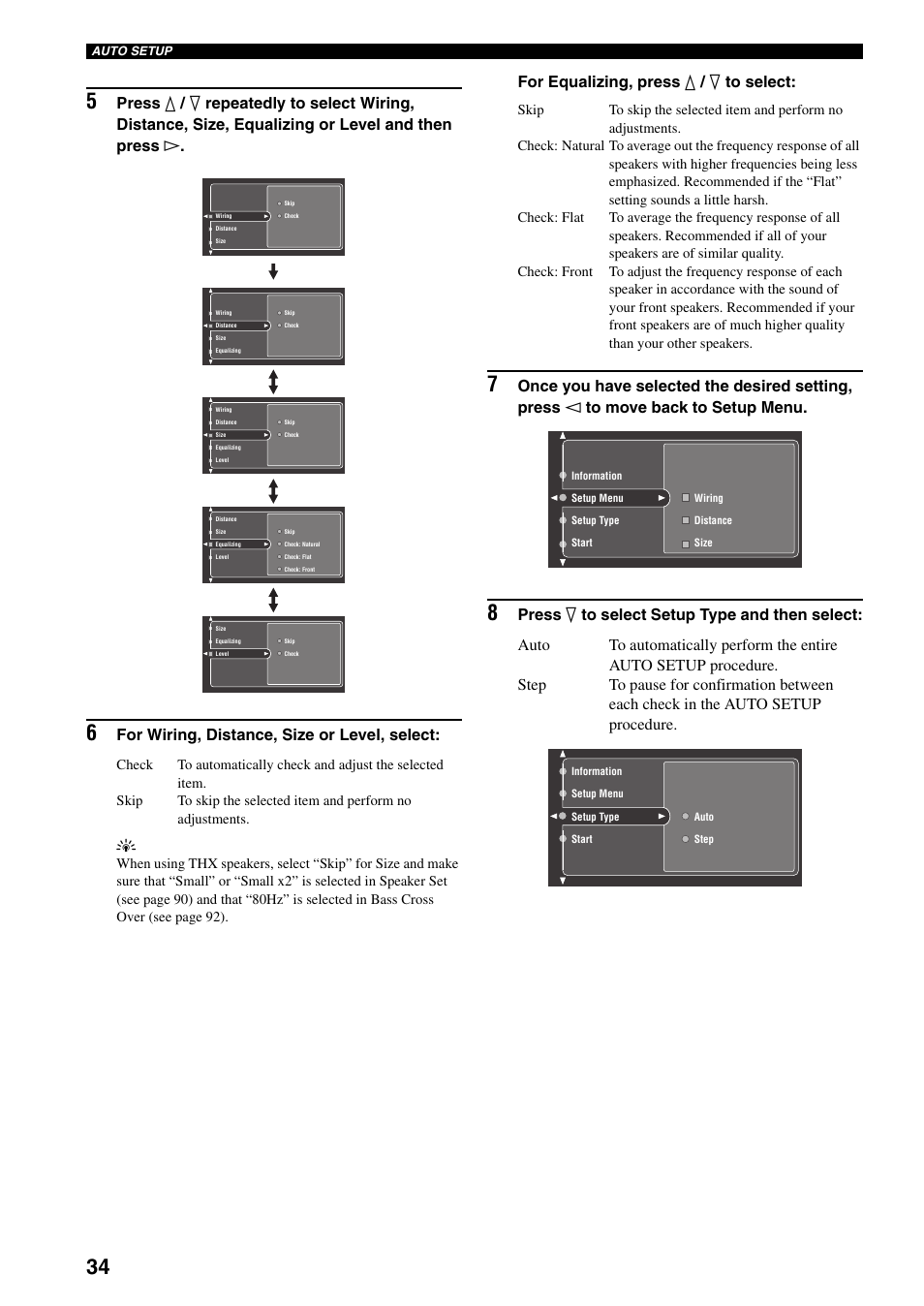 For wiring, distance, size or level, select, For equalizing, press k / n to select | Yamaha X-V2600 User Manual | Page 38 / 144