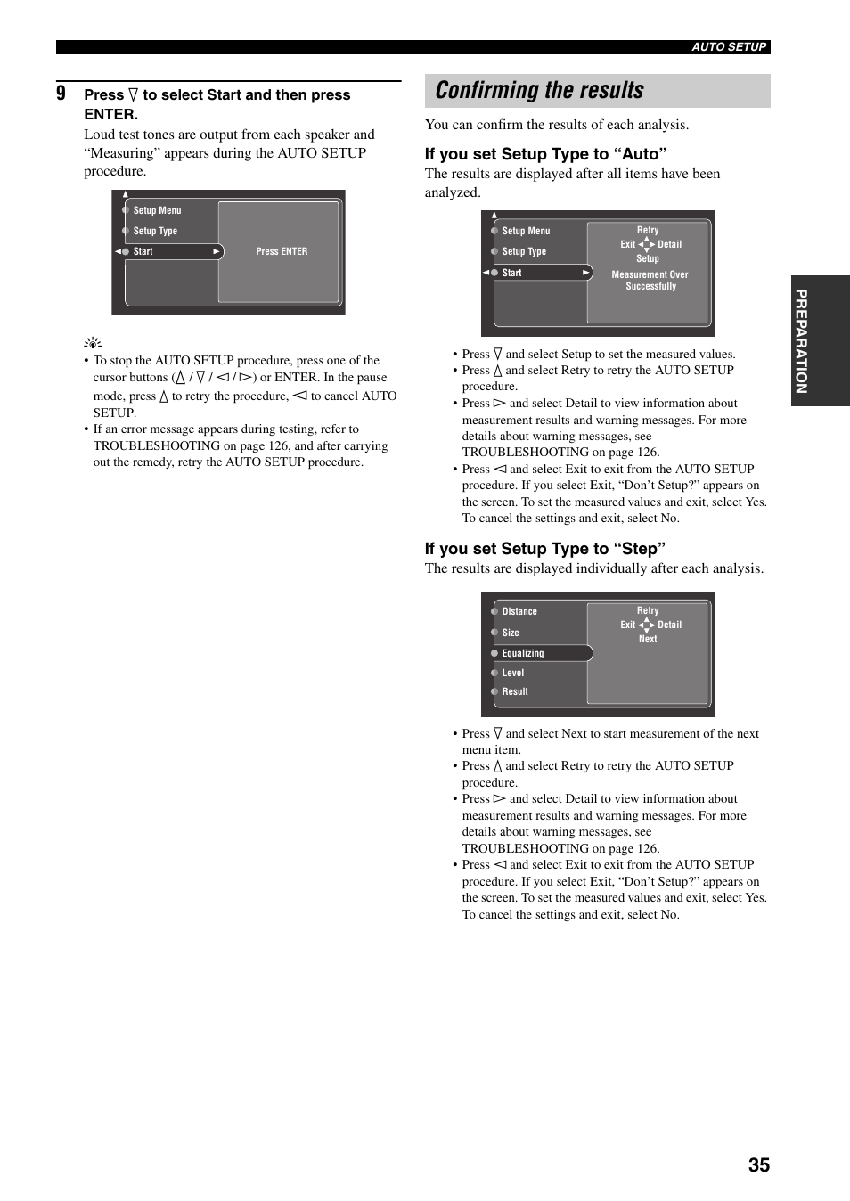 Confirming the results, If you set setup type to “auto, If you set setup type to “step | Yamaha X-V2600 User Manual | Page 39 / 144