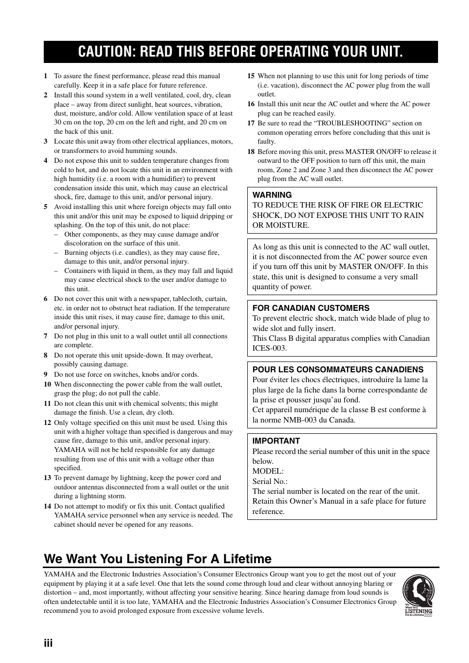 Caution: read this before operating your unit, We want you listening for a lifetime | Yamaha X-V2600 User Manual | Page 4 / 144