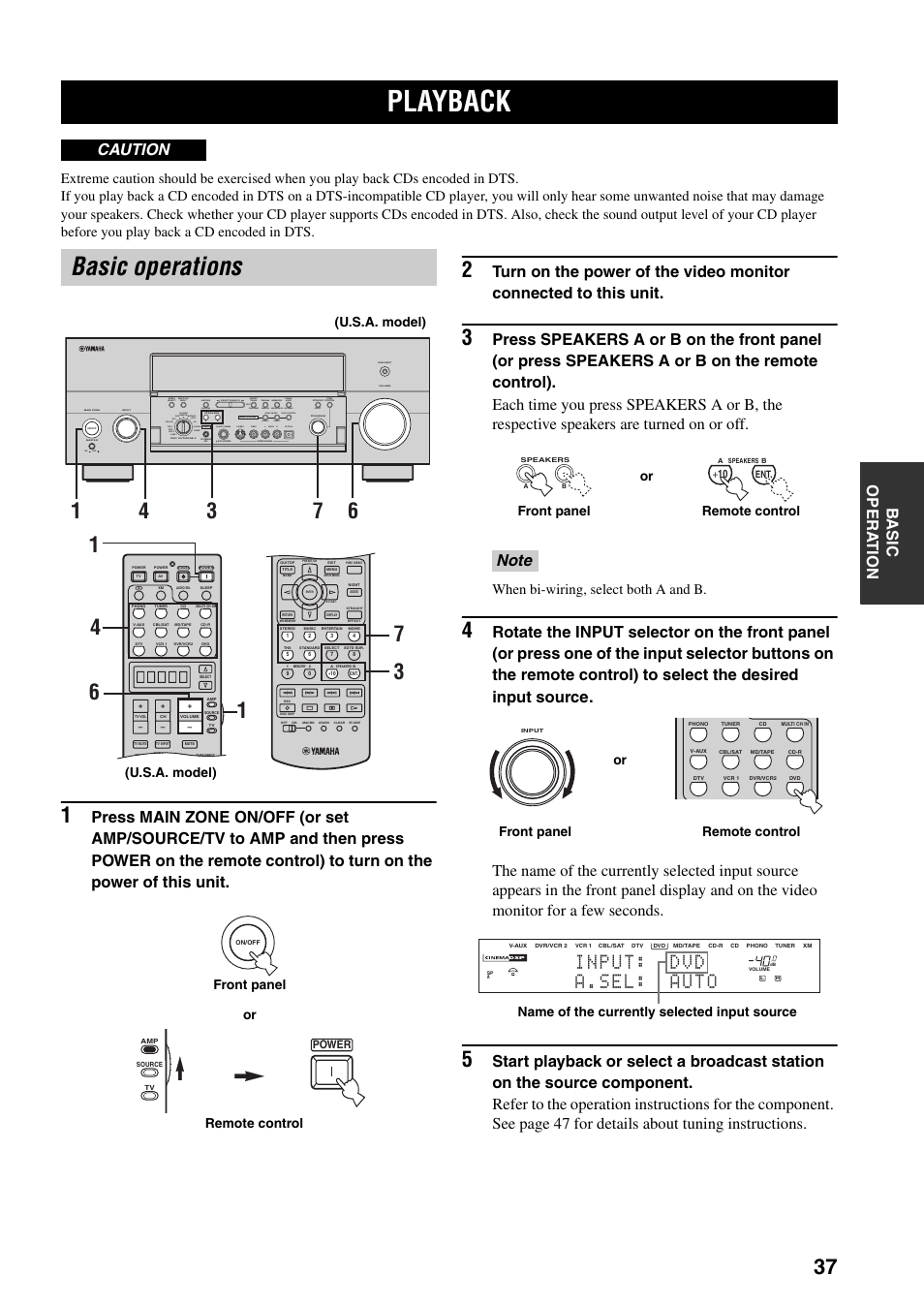 Playback, Basic operations, Caution | When bi-wiring, select both a and b, Silent cinema s video video l, Audio r optical, Preset/tuning/ch, U.s.a. model), Front panel remote control or, Or front panel remote control | Yamaha X-V2600 User Manual | Page 41 / 144